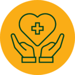Rundes Icon für "Betriebliche Krankenversicherung" mit dunkelgrünem Element bestehend aus einem Herz mit einem Kreuz darin, unter dem zwei Hände abgebildet sind, als würden sie das Herz von unten stützen, auf einem orangenen Hintergrund.