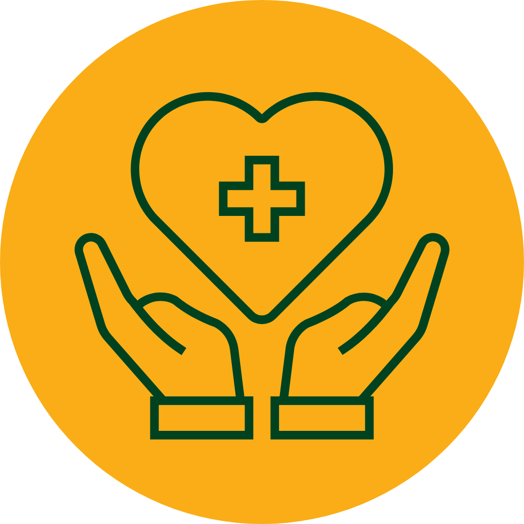 Rundes Icon für "Betriebliche Krankenversicherung" mit dunkelgrünem Element bestehend aus einem Herz mit einem Kreuz darin, unter dem zwei Hände abgebildet sind, als würden sie das Herz von unten stützen, auf einem orangenen Hintergrund.