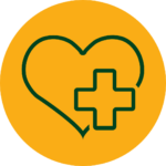 Rundes Icon für "Betriebliches Gesundheitsmanagement" mit dunkelgrünem Element bestehend aus einem Herz mit einem Kreuz, auf einem orangenen Hintergrund.
