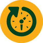 Rundes Icon für "ChronoClinic" mit dunkelgrünem Element bestehend aus einer Uhr um die herum ein Pfeil gewickelt ist, auf einem orangenen Hintergrund.
