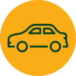 Rundes Icon für "E-Auto-Leasing" mit dunkelgrünem Element bestehend aus einem Auto, auf einem orangenen Hintergrund.