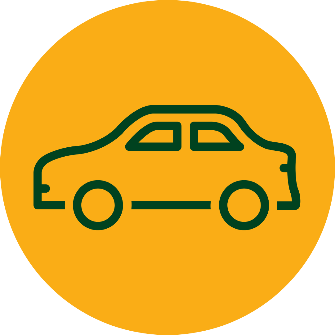 Rundes Icon für "E-Auto-Leasing" mit dunkelgrünem Element bestehend aus einem Auto, auf einem orangenen Hintergrund.