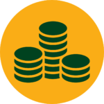 Rundes Icon für "Finanzielle Anreize" mit dunkelgrünem Element bestehend aus drei Stapeln von Münzen, auf einem orangenen Hintergrund.