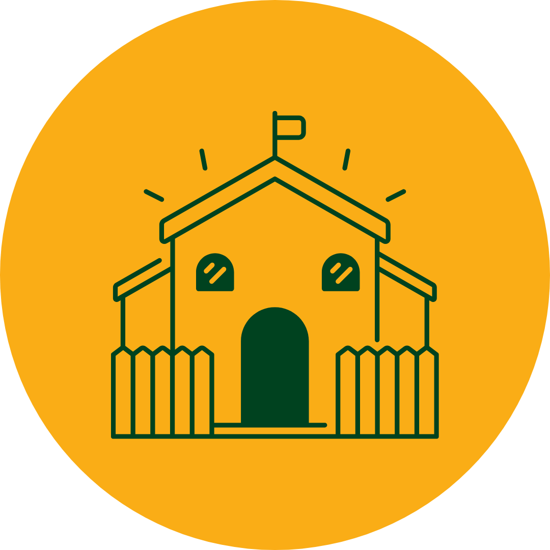 Rundes Icon für "Kindergarten auf dem Klinikgelände" mit dunkelgrünem Element bestehend aus einem gezeichneten Häuschen mit einem Zaun davor und einer Flagge auf dem Dach, auf einem orangenen Hintergrund.