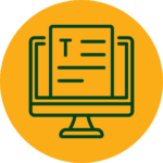 Rundes Icon für "Moderne Technik & Digitalisierung" mit dunkelgrünem Element bestehend aus einem Computerbildschirm mit einem Dokument, auf einem orangenen Hintergrund.